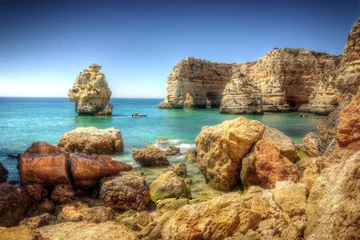 Deurstickers Marinha Beach, Algarve, Portugal HDR Rotsachtige kust
