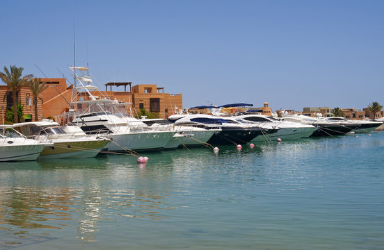Private motor boats moored in a marina
