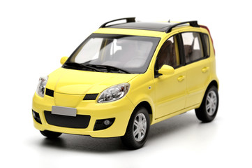 Generic modern yellow family car model on a white background