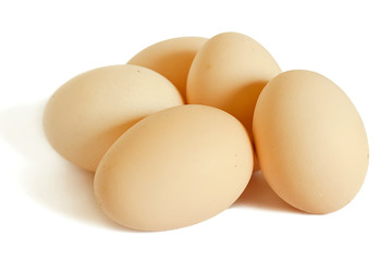 Five eggs isolated on white.