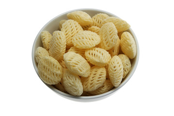 Potato peleti chips isolated on white