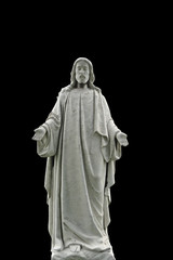 Weathered nineteenth century Jesus statue isolated on black