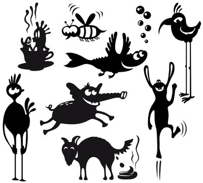 Set with silhouettes of cute characters