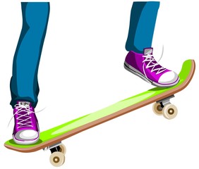 Fototapeta na wymiar girl's legs riding a skateboard on a white background