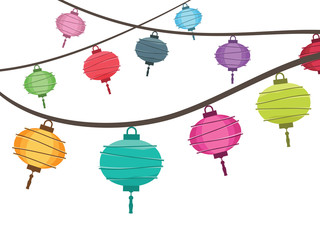 Chinese hanging  paper lantern decorations vector bright colored on white background © Matthew Andrews