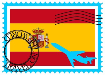 Stamp "Spain (Madrid), travel by plane on the world" vector