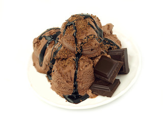 Chocolate ice cream scoops on white background