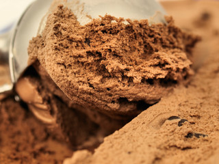 Chocolate ice cream scoop close-up