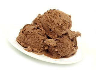 Chocolate ice cream scoops on white background