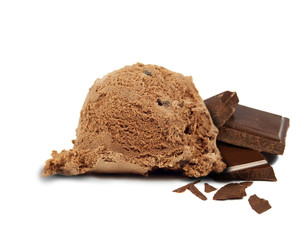 Chocolate ice cream scoops on white background