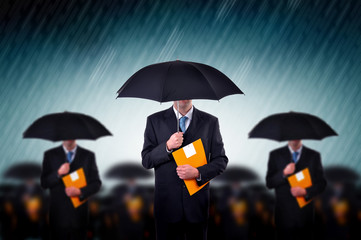 Businessmen in rain, group of elegant business people in suits with document folders for tax...