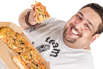 big guy with pizza