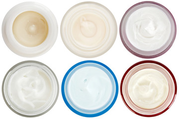 Set of 6 different dermal creams and gels isolated on white