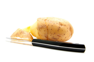 potato and knife over white background