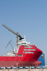 large offshore vessel on dry dock before launching