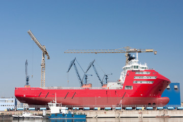 large offshore vessel on dry dock before launching