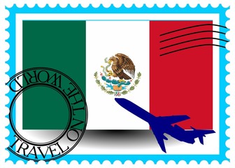 Stamp "Mexico (Mexico City), travel by plane on the world"