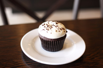 A chocolate cupcake with frosting.