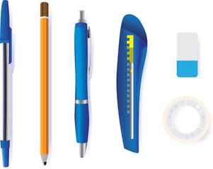 pen pencil cutter eraser and tape - illustration