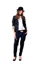 stylish young woman in black hat isolated