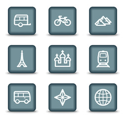 Travel web icons set 2, grey square buttons