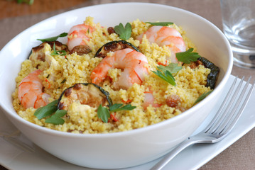 Couscous with tiger prawns and courgette
