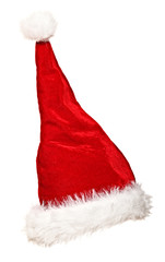  classic red santa hat with white fur. isolated on white. no one around. concept of holidays and christmas.