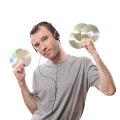 young man listening music isolated on white background