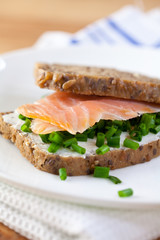 Sandwich with smoked salmon,soft cheese and chive