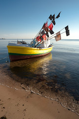 fishing boat in Sopot, morning time - obrazy, fototapety, plakaty