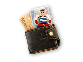 Funny sailor  in a purse with banknotes of euro