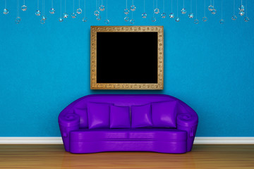 Alone purple sofa with picture frame in blue interior