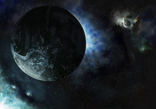 Shining planet in dark space with particles and asteroids