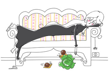 La pigrizia: donna addormentata sul divano con lumache