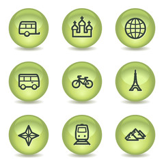 Travel web icons set 2, green glossy circle buttons