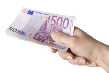 Close-up of100, 200 and 500 Euro banknotes in woman's hand.