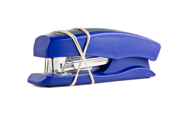 Blue stapler wrapped with rubber band