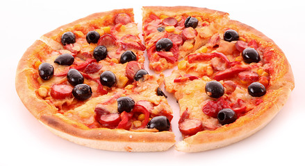 sliced pizza with olives isolated on white