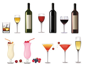 Set of different drinks and cocktails. Vector illustration.