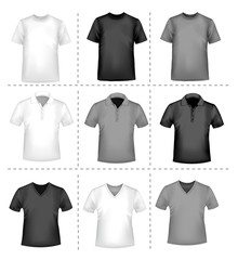 Black and white men polo shirts and t-shirts. Vector.