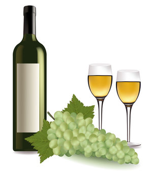 A wine bottle and glass of wine and some grapes. Vector.