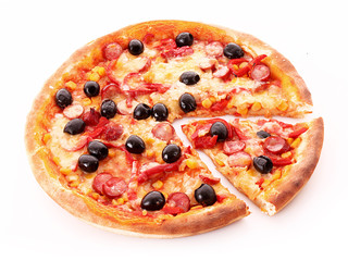 sliced pizza with olives isolated on white