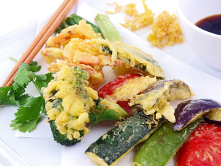 seafood and vegetable tempura isolated on white background