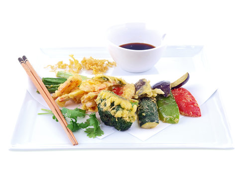 seafood and vegetable tempura isolated on white background