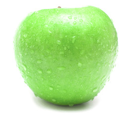 wet green apple covered by water drops on white background