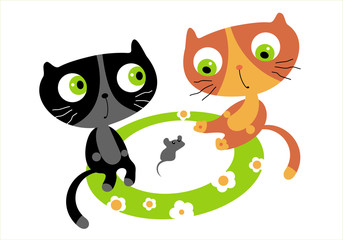 two cats play by mouse