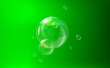 Realistic vector soap bubbles with green background