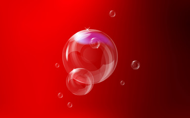 Realistic vector soap bubbles with red background