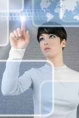 futuristic businesswoman finger keyboard light screen