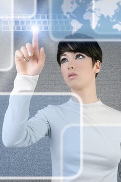 futuristic businesswoman finger keyboard light screen